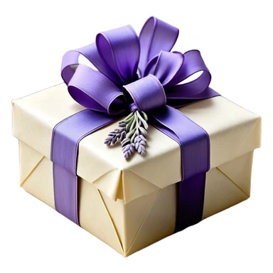 A weathered parchment-wrapped gift, secured with a lavender silk bow, lies nestled among dried sprigs of violet and indigo-hued lavender, their scent mingling with the faint trace of aged paper. A few stray ribbons, in shades of wisteria and dusk, cascade over the edges, whispering of quiet elegance and old-world charm.
 sticker