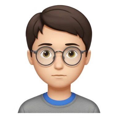 BRUNETTE teen boy with medium short middle parted hair, GREY eyes, round Glasses looking judging to the Side sticker