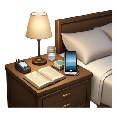 A dimly lit bedroom with a phone tucked away on a nightstand across the room. The bed is neatly made, and a glass of water sits beside a book on a cozy nightstand. Soft lighting signals a peaceful wind-down, representing the calm and control that comes from reclaiming your evenings. sticker