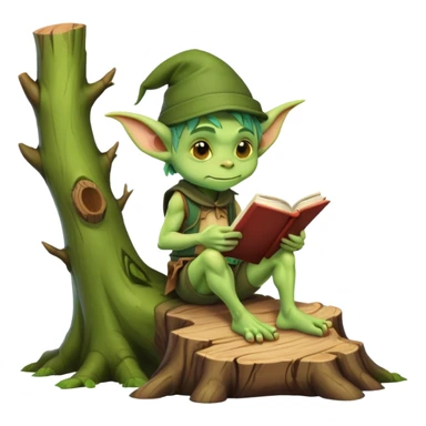 cute goblin with cap reading a book sat on a tree stump sticker