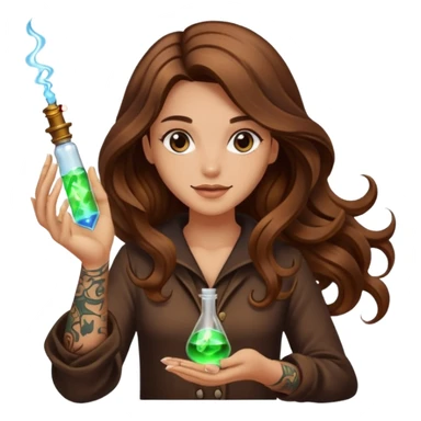 alchemist woman long wavy brown hair tattoos flipping glowing vial sticker