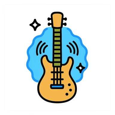 electric guitar with glowing blue aura, strings visibly vibrating, modern icon style sticker