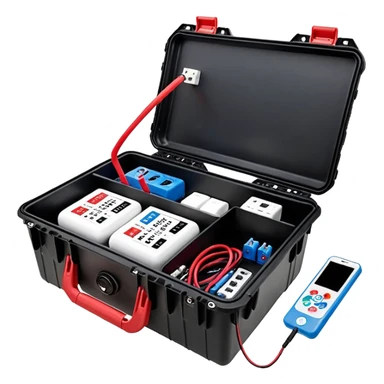 An open, black outdoor test case.Interior: control panel with colored test jacks, USB ports, and a power outlet. A red test probe is located next to it. On the left side of the case is a large roll of white, round test labels displaying QR codes. A blue cable leads out of the side of the case. sticker