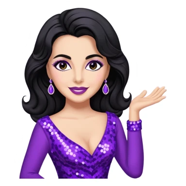 Elizabeth Taylor with long black hair, purple sequin outfit sticker