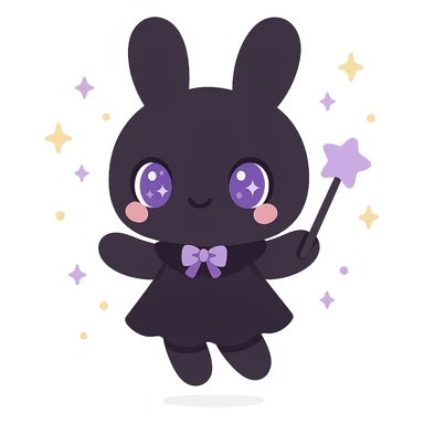 kawaii style magical gothic bunny, adorable face, black fur, purple eyes, holding a magic wand, floating with sparkles, sweet and whimsical sticker