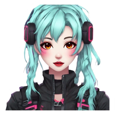 Gorgeous bright colorful neon gothic techwear anime style lady with blushing face aesthetic and pretty edgy black red punk messy hair with collar and harness trending style sticker