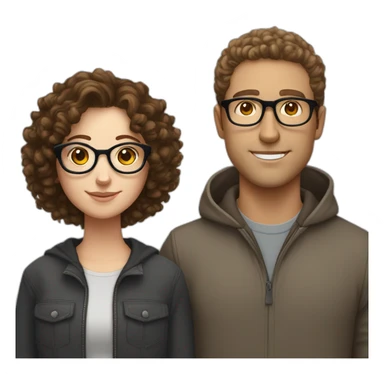 couple consisting of a white girl with round silver glasses and really short brown curly hair, taller white man with brown round glasses and short curly brown hair sticker