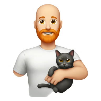 A bald man with a big orange beard holding a cat sticker