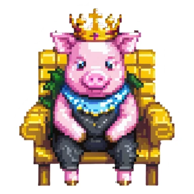 cartoon-like pixel art pig with a golden crown sitting on a throne, blocky and square like Minecraft, styled to look like LEGO Duplo blocks, chunky, colorful, simple sticker