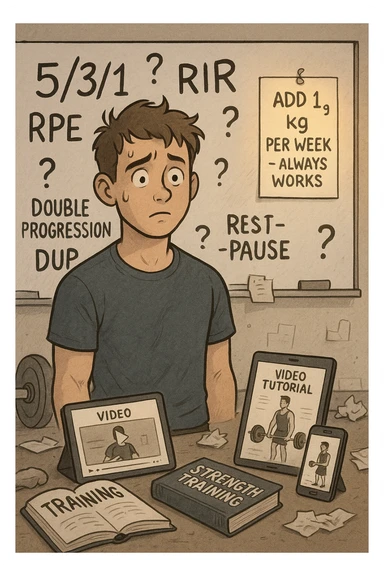 Giovane neofita in palestra, con uno sguardo perso davanti a una lavagna piena di metodi di progressione (5/3/1, RIR, RPE, double progression, DUP, rest-pause). È circondato da libri di allenamento e video tutorial su tablet e smartphone. Dietro di lui, un cartello piccolo ma chiaro: 'Aggiungi 1 kg a settimana – funziona sempre'. Atmosfera caotica intorno, ma luce calda sul messaggio semplice sticker