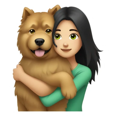 girl with long black hair and green eyes hugging a chow chow dog sticker