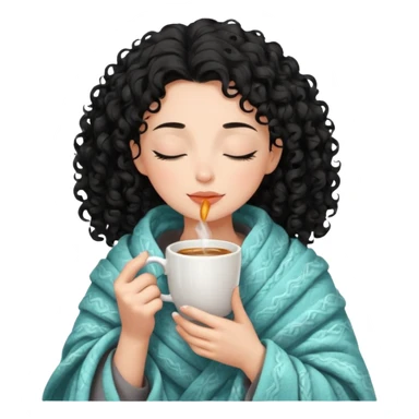Gözleri kapalı, beyaz tenli ve kıvırcık siyah saçlı saç boyu orta omuzlarında bir kadın avatar, battaniyeye sarılmış halde beyaz bir Türk kahvesi fincanından içeceğini huzurla yudumluyor. sticker