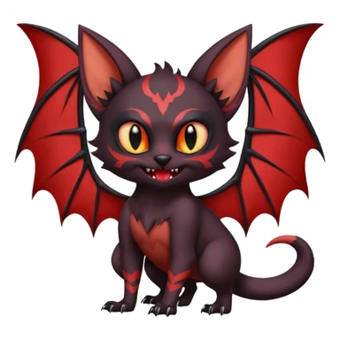 Vampiric Batty Black and Sanguine-red Noibat-Litten-Torracat-Lykoi-hybrid-fusion (full body) with big fangs, and bat-wings for ears sticker