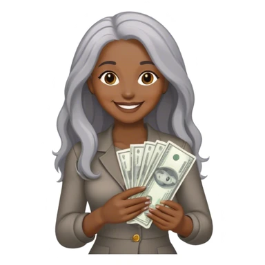 smiling black woman with long grey hair holding cash sticker