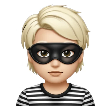Realistic ios emoji-style portrait of a classic burglar, a black eye mask and a black-and-white striped shirt. Highly detailed, natural skin texture, soft cinematic lighting, realistic shadows, smooth gradients, clean outline, glossy reflections in the eyes. emoji-like hair sticker
