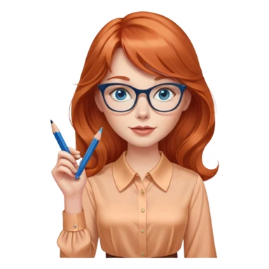 redheaded woman with very long wavy hair and bangs, blue eyes, clear cat-eye glasses, apricot silk blouse, pencil skirt, holding a pencil sticker