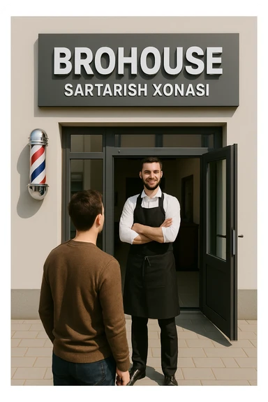 eni shu rasimga boyagi sartaosh oka eshik oldida tursin va tashqarida esa mijoz sticker