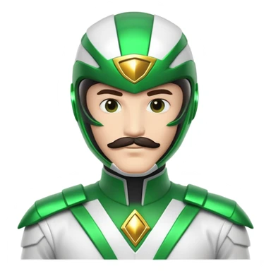 Green power ranger with white suit instead of green, with a visible mustache under the helmet sticker