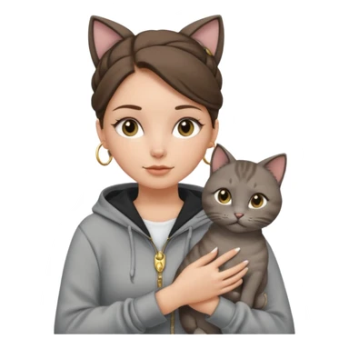 a white girl with brunette hair in a one single bun holding a grey cat. the girl has long lashes and has on a grey zip up that is half way zipped and has a hood and under a white shirt and gold jewelry that is gold bracelets. sticker