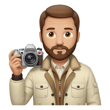 Middle-age male, brown beard and hair, holding camera, off white jacket
 sticker