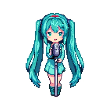 Hatsune Miku singing with a microphone, teal hair, pixel art character sticker