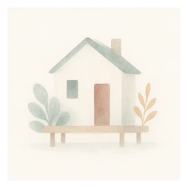 a house with a platform and plants, soft watercolor style sticker