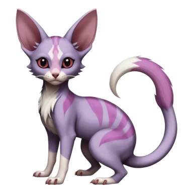 Furry, Purple, white, black, Minccino-Sphynx-Lykoi-Linoone-Zangoose-fusion-hybrid-animal-Fakémon-creature, full body, thin long sleek scaly tail, intricate markings sticker