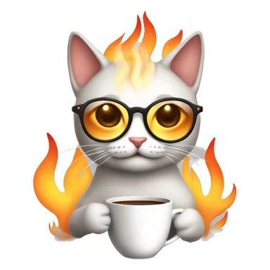 Illustrate a calm cat with glasses, holding a coffee cup, surrounded by flames. The cat has a relaxed expression with closed eyes, unfazed by the fire. sticker