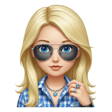 girl with long blond hair, wearing black and white plaid shirt with blue eyes and aviator sunglasses wearing a ring on her silver necklace sticker