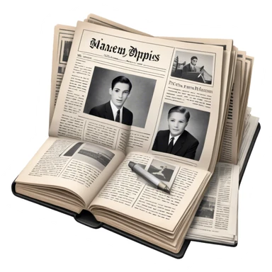 Icon for Non-Fiction & Narrative Reading: an open book with black-and-white photos on the pages, surrounded by a pile of newspaper clippings, and an open folder with top-secret documents. The icon should reflect the blend of real stories and facts in non-fiction literature. Transparent background. sticker