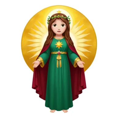 fullbody Virgin Mary back view long brown hair visible emerald green robe with gold stars burgundy red dress halo above head standing before a large sun roses on the sides sticker