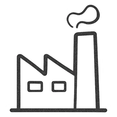 A minimalist line drawing of a factory with clean, simple lines and a monochromatic color scheme. The factory should have a modern and sleek design, focusing on the essential structures without additional details. sticker