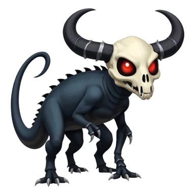 Shiny Dark Edgy  Duskull-Salandit-Inteleon-Amaura-Fakémon-hybrid-creature (full body) with a horned animal-skull-mask sticker