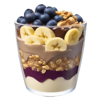 Açai bowl in a cup with layers of peanut butter, cashew nuts, granola, condensed milk, Banana and blueberrys sticker