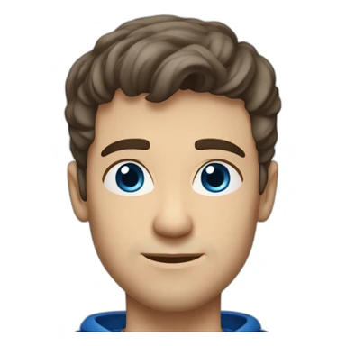 blue eyed, good looking Caucasian, athletic male with dark brown clean cut hair, wearing a blue sweatshirt sticker