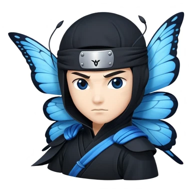 Crea un emoji para usar en WhatsApp con estos dos emoji 🥷🏻🦋.
Ninja vestido de negro con la piel blanca con una mariposa azul posada en el hombro como si estuviera volando. sticker