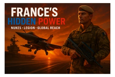 Reformat the image for a YouTube video thumbnail with a 16:9 aspect ratio. Include a bold and readable tricolor headline 'FRANCE’S HIDDEN POWER' and clear subtext 'Nukes • Legion • Global Reach'. Ensure a dramatic 8K scene with a Rafale jet taking off from Charles de Gaulle at sunset, and a Foreign Legionnaire in desert camo holding a futuristic weapon in the foreground. The style should be epic, high contrast, vibrant colors, optimized for YouTube thumbnail visibility. sticker