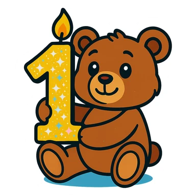 brown teddy holding sparkly number "1" candle, vibrant-toon style, transparent background sticker