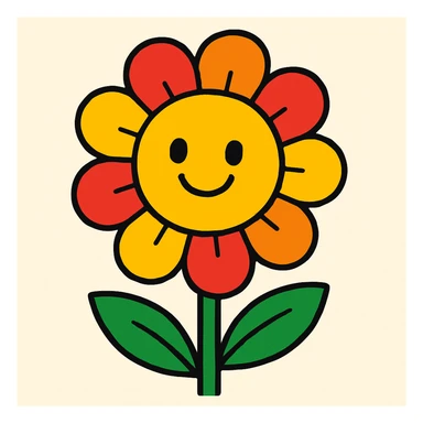 a vibrant cartoon-style flower with a smiling face sticker