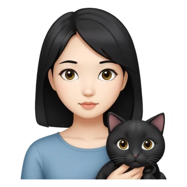 An Asian girl with shoulder-length black hair, slightly grey highlights. Holding two black cats. One with big round face, another one with slightly slimmer face.  sticker