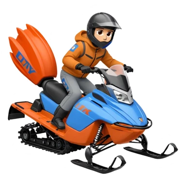 red Lynx brand snowmoble wheelies. driver with gray clothes and black/orange / blue helmet sticker