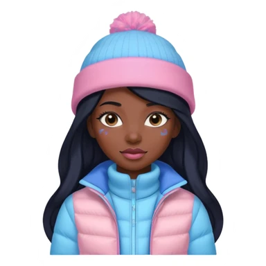 Black skin and black long hair lady with pink and blue pastel jacket and blue pastel winter hat sticker