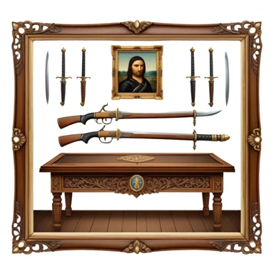 Icon for Antiques Collecting: vintage intricately carved furniture, famous paintings, antique swords, and rifles. The items are displayed on a wooden table or shelf. The icon should evoke the rich history and craftsmanship of antique collecting. Transparent background. sticker