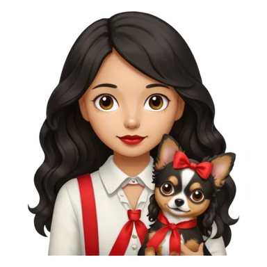 A girl with light to medium skin with olive skin tone, with long black hair with wavy bottom. Holding a chihuahua dog wearing a ribbon sticker