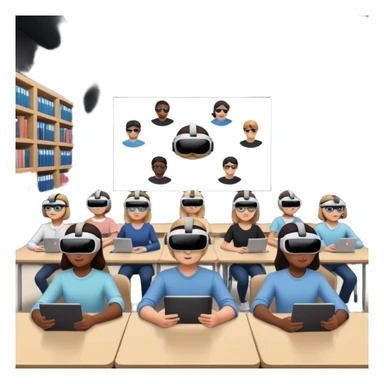 Birdseye view of large study space with students working separately add students wearing Virtual reality headsets sticker