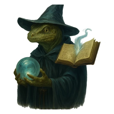 Add a floating magic book to the lizard man wizard, keeping the fantasy magical style. The image should have no background. sticker