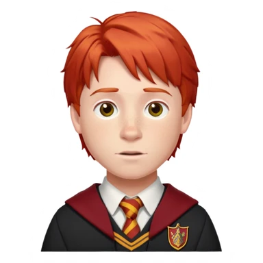 Ron Weasley with red hair, freckles, and Gryffindor school uniform sticker