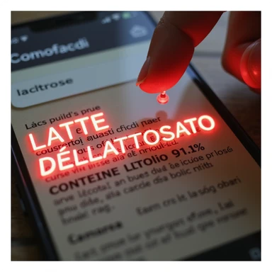 macro shot of a food label with 'LATTE DELATTOSATO (contiene lattosio <0.1%)' glowing red, a man's finger pointing at the text, phone screen showing a Google search for 'Lattasi sintetica effetti collaterali', and a floating lactose molecule adding a dramatic touch, hyper-realistic sticker