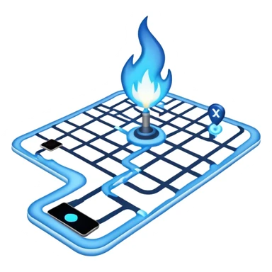 a map with a glowing blue flame on the x and networking paths sticker