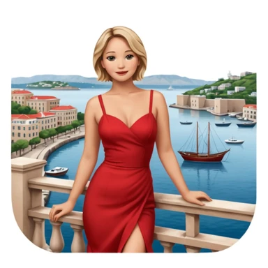 jennifer lawrence, red dress leaning on a balcony with a harbor and cityscape in the background, smiling sticker